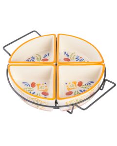 Laurie Gates Tierra 4-Section Hand Painted Stoneware Tidbit Dish with Metal Rack