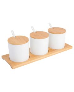 Gibson Gracious Dining 10 Piece Fine Ceramic Condiment Jars with Bamboo Lids and Spoons in White