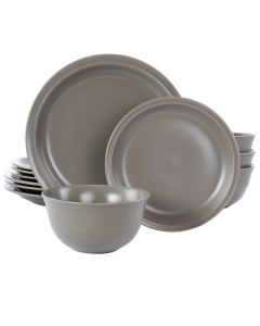 Gibson Home Siam 12 Piece Round Stoneware Dinnerware Set in Warm Grey