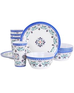 Gibson Everyday Alhambra Blues 12 Piece Melamine Dinnerware Set in Blue and White